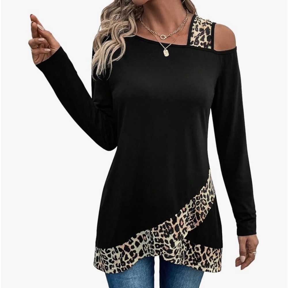 Leopard print cold shoulder tunic top
